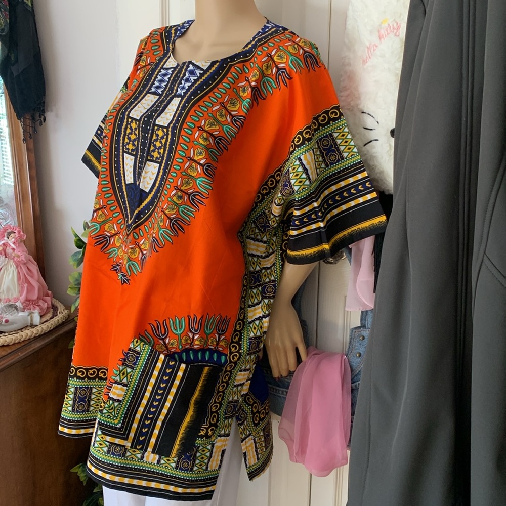 Y2K Orange Dashiki Women's hippie caftan smock tunic Top pockets L XL